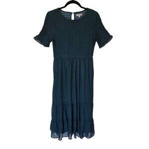 FEHRNVI Short Sleeve Smocked Swiss Dot Midi Dress Green Women's Small